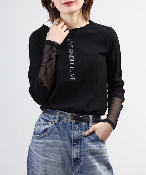 Anna Nicola(アンナニコラ)の「Anna Nicola 袖シアー ロゴプリントテレコメロウトップス 長袖(Tシャツ/カットソー・レディース・オフホワイト/ブラック/ライトグレー・38)」の1枚目の写真