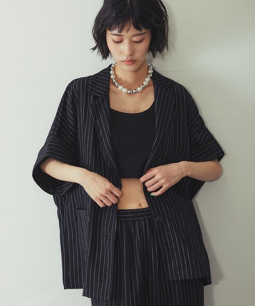 ANOTHER S（アナザーエス）の「ストライプハーフスリーブジャケット（テーラードジャケット・レディース・ブラック/ストライプ・M）」の7枚目の写真