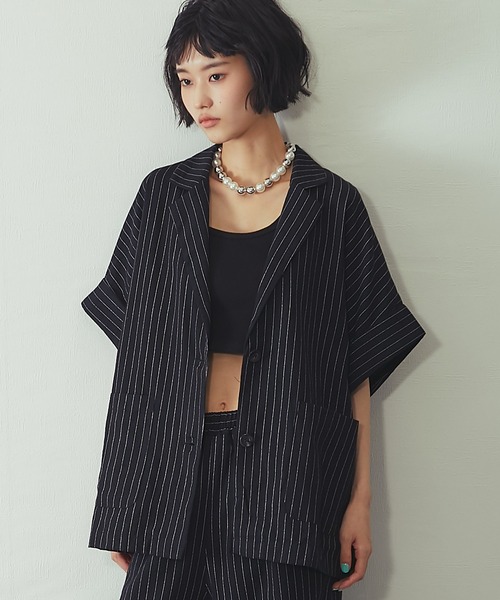 ANOTHER S（アナザーエス）の「ストライプハーフスリーブジャケット（テーラードジャケット・レディース・ブラック/ストライプ・M）」の12枚目の写真
