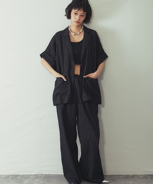 ANOTHER S（アナザーエス）の「ストライプハーフスリーブジャケット（テーラードジャケット・レディース・ブラック/ストライプ・M）」の4枚目の写真