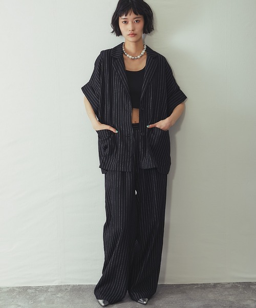 ANOTHER S（アナザーエス）の「ストライプハーフスリーブジャケット（テーラードジャケット・レディース・ブラック/ストライプ・M）」の8枚目の写真