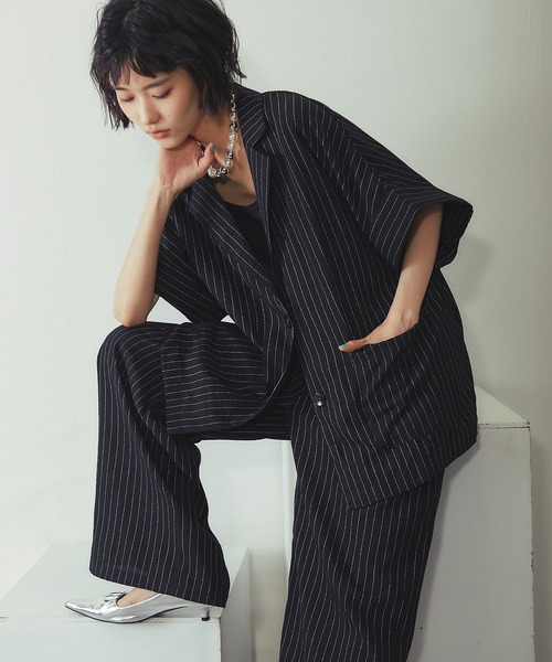 ANOTHER S（アナザーエス）の「ストライプハーフスリーブジャケット（テーラードジャケット・レディース・ブラック/ストライプ・M）」の20枚目の写真