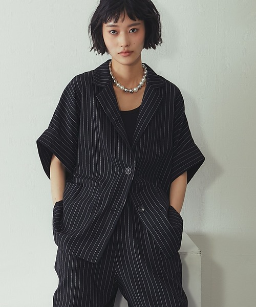 ANOTHER S（アナザーエス）の「ストライプハーフスリーブジャケット（テーラードジャケット・レディース・ブラック/ストライプ・M）」の14枚目の写真