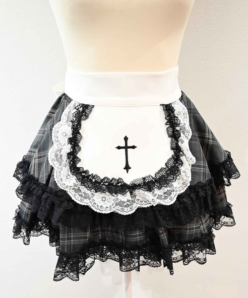 MA*RS(アメーバーマーズ)の「クロス刺繍レースエプロン付きフリルスカパン(スカート・レディース・グレー/ブラック/ブラック×ホワイト・FREE)」の6枚目の写真