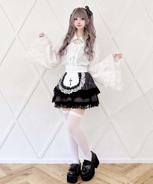 MA*RS(アメーバーマーズ)の「クロス刺繍レースエプロン付きフリルスカパン(スカート・レディース・グレー/ブラック/ブラック×ホワイト・FREE)」の12枚目の写真