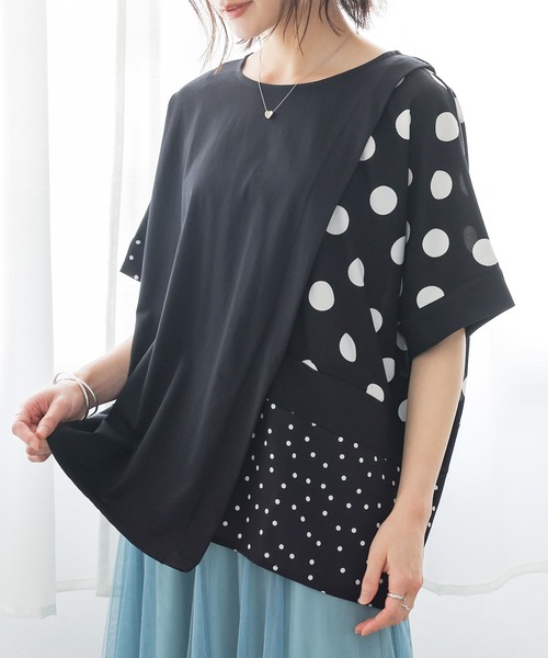 n'OrLABEL(ノアールレーベル)の「【接触冷感】ドット切替冷感カットソー(Tシャツ/カットソー・レディース・ブラック/チャコール・FREE)」の1枚目の写真