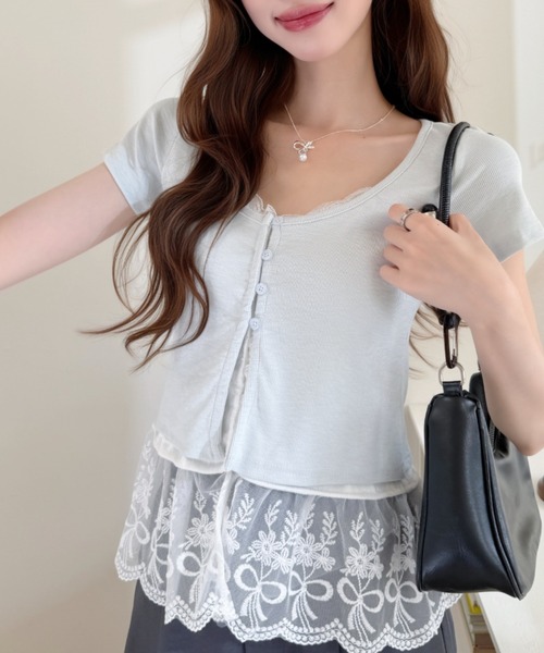 Ada.（エイダ）の「スカラップ レース フリル レイヤード風 フロントボタン カットソー（Tシャツ/カットソー・レディース・イエロー/グレー/ブルー・FREE）」の13枚目の写真