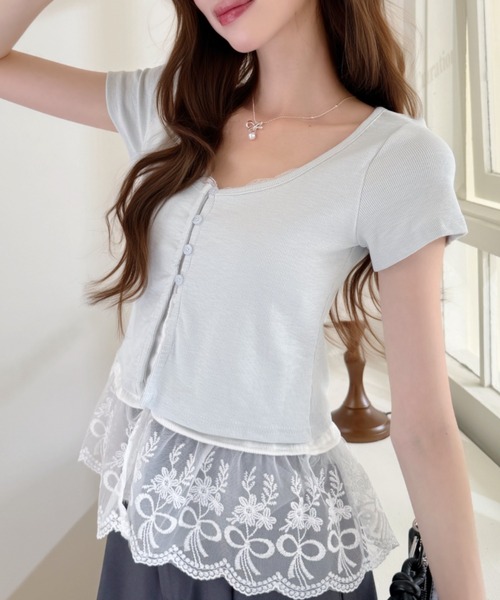 Ada.（エイダ）の「スカラップ レース フリル レイヤード風 フロントボタン カットソー（Tシャツ/カットソー・レディース・イエロー/グレー/ブルー・FREE）」の11枚目の写真
