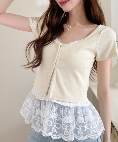 Ada.（エイダ）の「スカラップ レース フリル レイヤード風 フロントボタン カットソー（Tシャツ/カットソー・レディース・イエロー/グレー/ブルー・FREE）」の17枚目の写真
