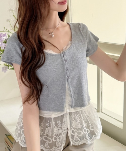 Ada.（エイダ）の「スカラップ レース フリル レイヤード風 フロントボタン カットソー（Tシャツ/カットソー・レディース・イエロー/グレー/ブルー・FREE）」の5枚目の写真