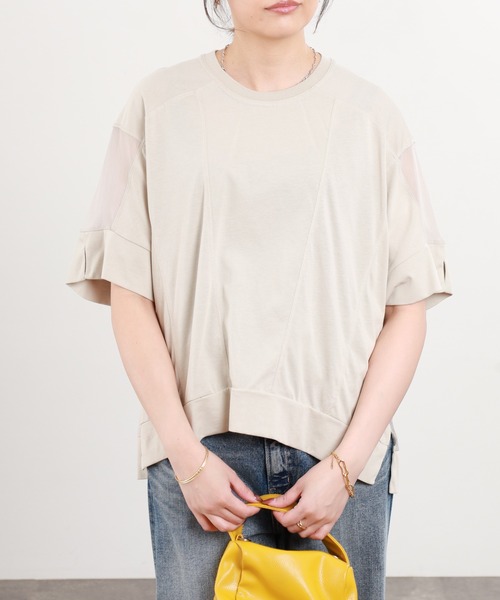 BRODIAEA(ブローディア)の「BRODIAEA ドロップショルダー切替カットソープルオーバー 半端袖(Tシャツ/カットソー・レディース・オフホワイト/グレイッシュベージュ/ブラック/ライトグリーン・40)」の3枚目の写真