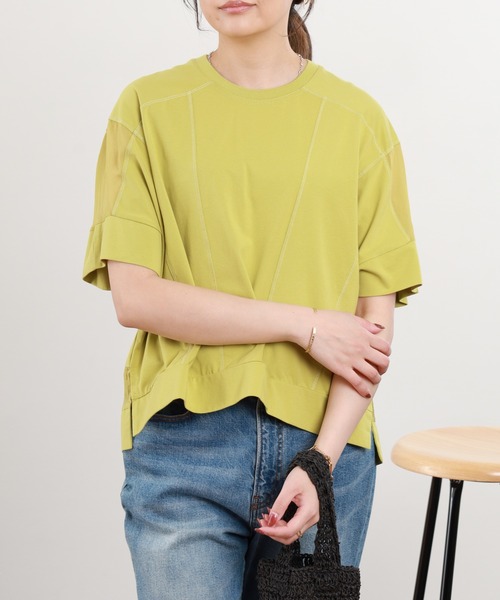 BRODIAEA(ブローディア)の「BRODIAEA ドロップショルダー切替カットソープルオーバー 半端袖(Tシャツ/カットソー・レディース・オフホワイト/グレイッシュベージュ/ブラック/ライトグリーン・40)」の4枚目の写真
