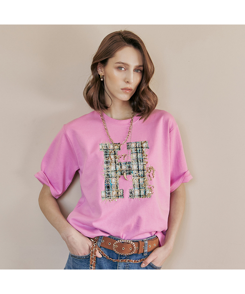 MAXZA（マージャコレクション）の「ツイードアップリケ刺繍ラウンドネック半袖Tシャツ（Tシャツ/カットソー・レディース・クリーム/パープル・FREE）」の2枚目の写真