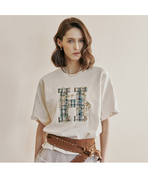 ツイードアップリケ刺繍ラウンドネック半袖Tシャツ