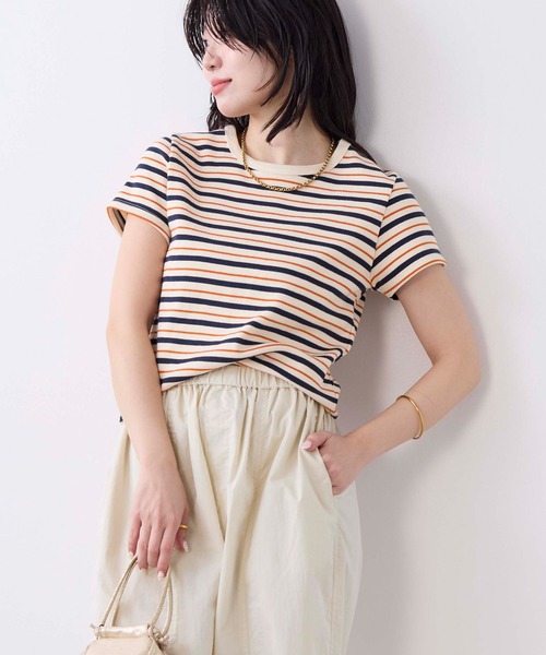 MICA&DEAL（マイカ＆ディール）の「リブコンパクトTシャツ（Tシャツ/カットソー・レディース・グリーン/ブラウン/ホワイト/ブラック/ストライプ・FREE）」の5枚目の写真