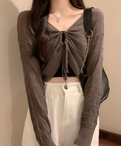mielu(ミエル)の「クロップドドロストニット(ニット/セーター・レディース・ピンク/ブラック/ホワイト/ブラウン・FREE)」の3枚目の写真