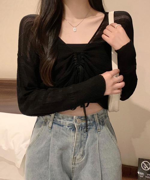 mielu(ミエル)の「クロップドドロストニット(ニット/セーター・レディース・ピンク/ブラック/ホワイト/ブラウン・FREE)」の7枚目の写真