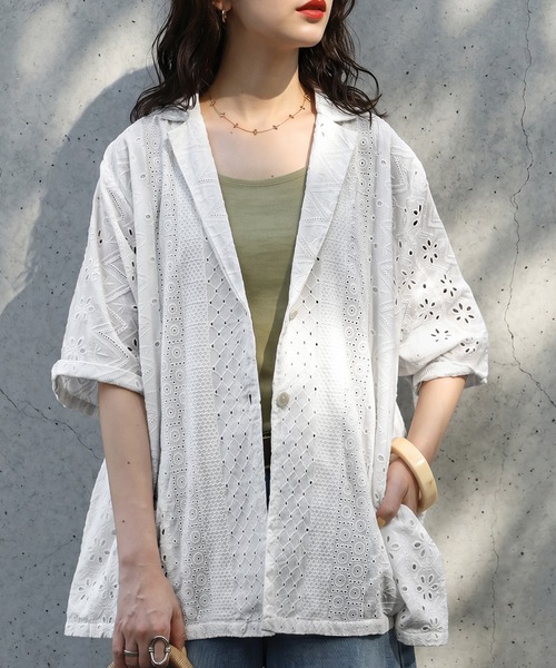 antiqua(アンティカ)の「インド綿 レース ジャケット(テーラードジャケット・レディース・ブラック/ホワイト・ONESIZE)」の1枚目の写真