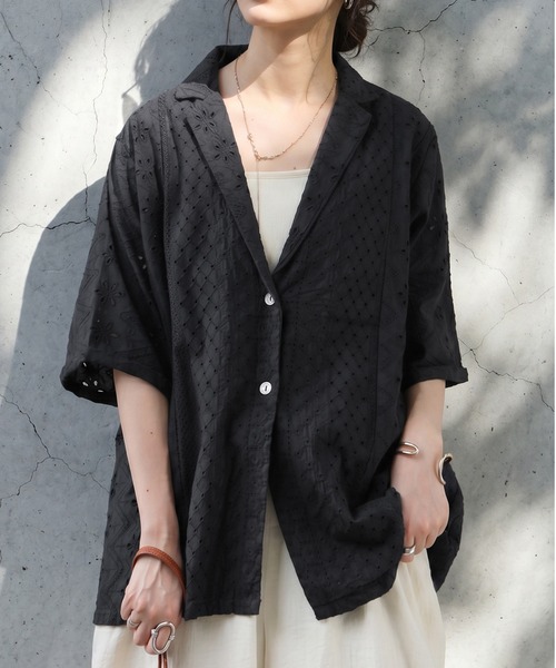 antiqua(アンティカ)の「インド綿 レース ジャケット(テーラードジャケット・レディース・ブラック/ホワイト・ONESIZE)」の7枚目の写真