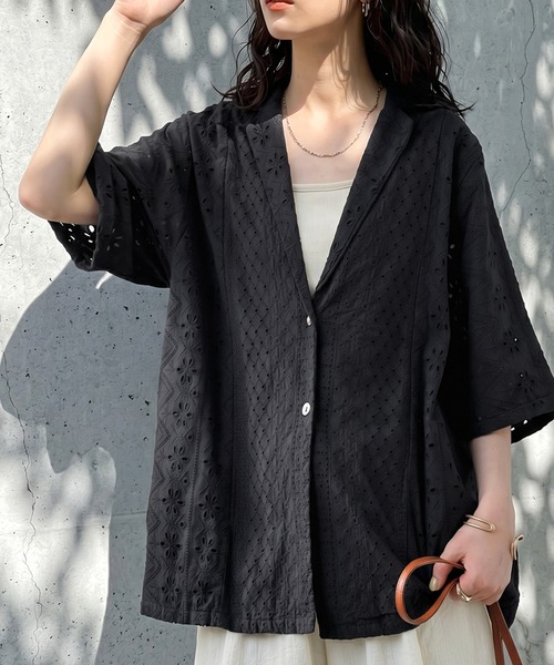 antiqua(アンティカ)の「インド綿 レース ジャケット(テーラードジャケット・レディース・ブラック/ホワイト・ONESIZE)」の8枚目の写真