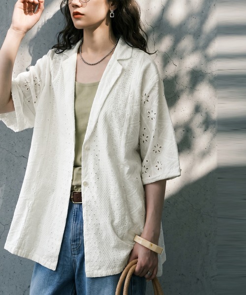 antiqua(アンティカ)の「インド綿 レース ジャケット(テーラードジャケット・レディース・ブラック/ホワイト・ONESIZE)」の4枚目の写真