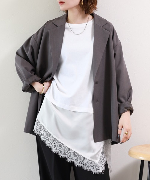atONE(アットワン)の「レースドッキングTシャツ 半端袖(Tシャツ/カットソー・レディース・ブラック/オフホワイト・F)」の1枚目の写真