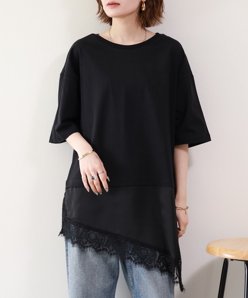 atONE(アットワン)の「レースドッキングTシャツ 半端袖(Tシャツ/カットソー・レディース・ブラック/オフホワイト・F)」の6枚目の写真