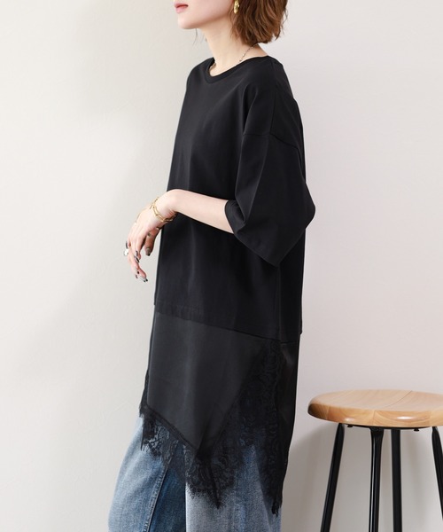 atONE(アットワン)の「レースドッキングTシャツ 半端袖(Tシャツ/カットソー・レディース・ブラック/オフホワイト・F)」の7枚目の写真
