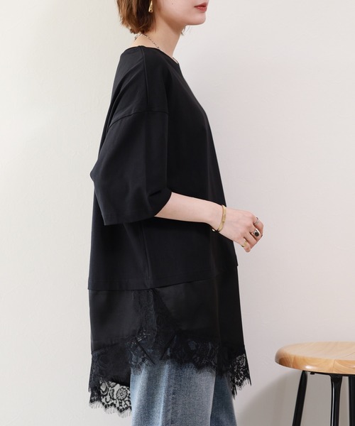 atONE(アットワン)の「レースドッキングTシャツ 半端袖(Tシャツ/カットソー・レディース・ブラック/オフホワイト・F)」の8枚目の写真