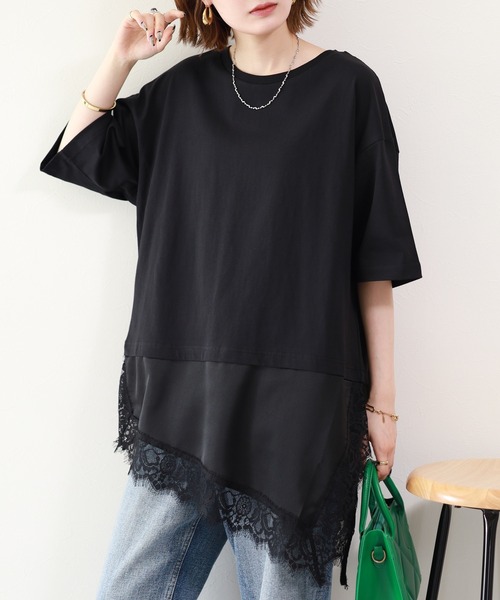 atONE(アットワン)の「レースドッキングTシャツ 半端袖(Tシャツ/カットソー・レディース・ブラック/オフホワイト・F)」の3枚目の写真