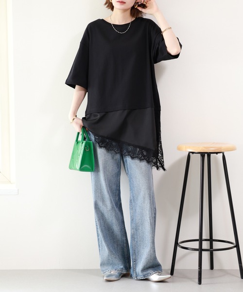 atONE(アットワン)の「レースドッキングTシャツ 半端袖(Tシャツ/カットソー・レディース・ブラック/オフホワイト・F)」の4枚目の写真
