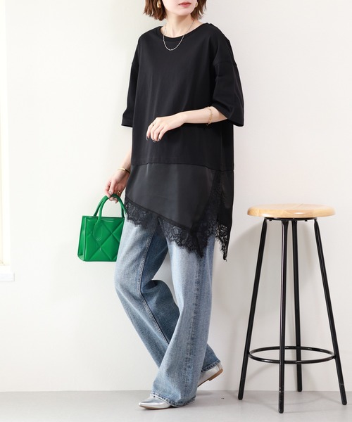atONE(アットワン)の「レースドッキングTシャツ 半端袖(Tシャツ/カットソー・レディース・ブラック/オフホワイト・F)」の5枚目の写真