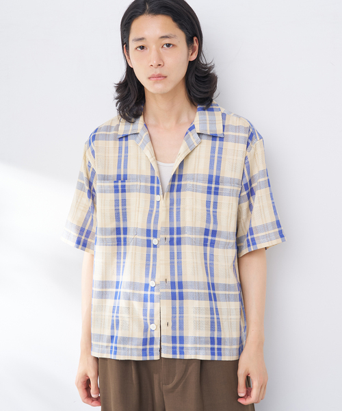 B.C STOCK（ベーセーストック）の「ビッグチェックメッシュシャツ（シャツ/ブラウス・メンズ・イエロー/ブルー系その他/ブラウン・FREE）」の2枚目の写真