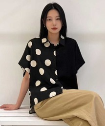 異素材切替 アシンメトリー ドット柄 半袖シャツブラウス