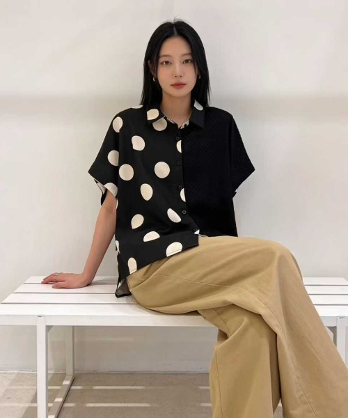 WESTSEA(ウエストシー)の「異素材切替 アシンメトリー ドット柄 半袖シャツブラウス(シャツ/ブラウス・レディース・ホワイト系その他/ブラック/ブラック系その他/ホワイト・FREE)」の9枚目の写真