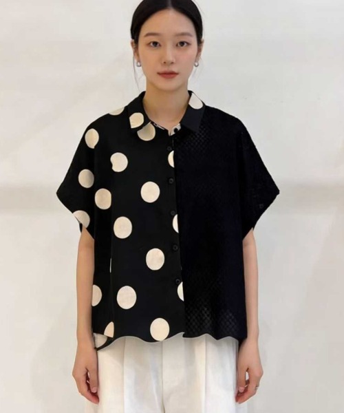 WESTSEA(ウエストシー)の「異素材切替 アシンメトリー ドット柄 半袖シャツブラウス(シャツ/ブラウス・レディース・ホワイト系その他/ブラック/ブラック系その他/ホワイト・FREE)」の10枚目の写真