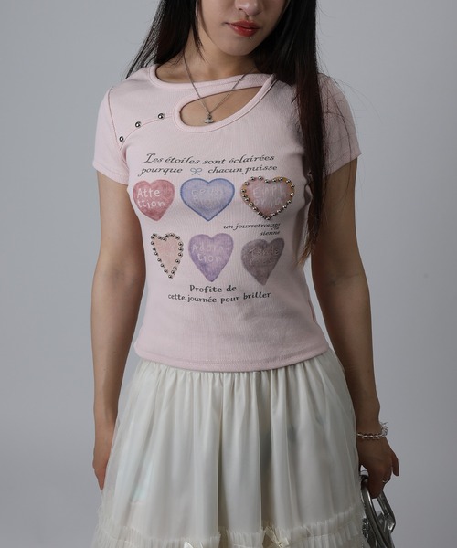 HOOK(フック)の「HOOK for girls 胸元デザイン × ハートスタッズプリント クロップド 半袖 Tシャツ (SS)(Tシャツ/カットソー・レディース・ピンク/グレー/ホワイト・FREE)」の3枚目の写真