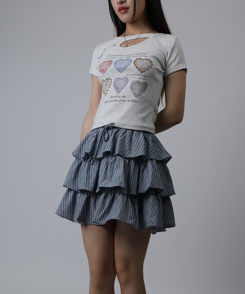 HOOK(フック)の「HOOK for girls 胸元デザイン × ハートスタッズプリント クロップド 半袖 Tシャツ (SS)(Tシャツ/カットソー・レディース・ピンク/グレー/ホワイト・FREE)」の7枚目の写真