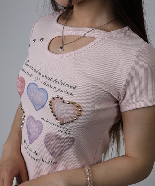 HOOK(フック)の「HOOK for girls 胸元デザイン × ハートスタッズプリント クロップド 半袖 Tシャツ (SS)(Tシャツ/カットソー・レディース・ピンク/グレー/ホワイト・FREE)」の14枚目の写真