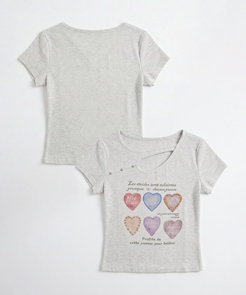HOOK(フック)の「HOOK for girls 胸元デザイン × ハートスタッズプリント クロップド 半袖 Tシャツ (SS)(Tシャツ/カットソー・レディース・ピンク/グレー/ホワイト・FREE)」の5枚目の写真