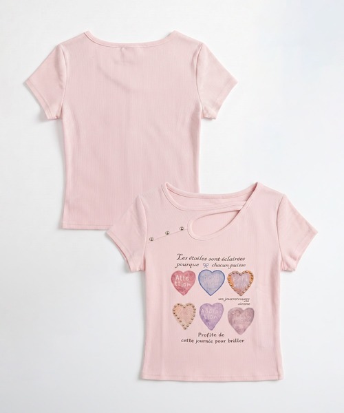 HOOK(フック)の「HOOK for girls 胸元デザイン × ハートスタッズプリント クロップド 半袖 Tシャツ (SS)(Tシャツ/カットソー・レディース・ピンク/グレー/ホワイト・FREE)」の6枚目の写真