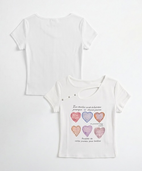 HOOK(フック)の「HOOK for girls 胸元デザイン × ハートスタッズプリント クロップド 半袖 Tシャツ (SS)(Tシャツ/カットソー・レディース・ピンク/グレー/ホワイト・FREE)」の4枚目の写真