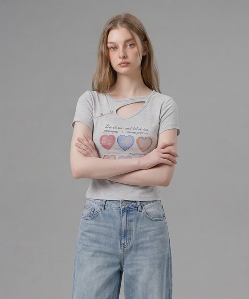 HOOK(フック)の「HOOK for girls 胸元デザイン × ハートスタッズプリント クロップド 半袖 Tシャツ (SS)(Tシャツ/カットソー・レディース・ピンク/グレー/ホワイト・FREE)」の16枚目の写真