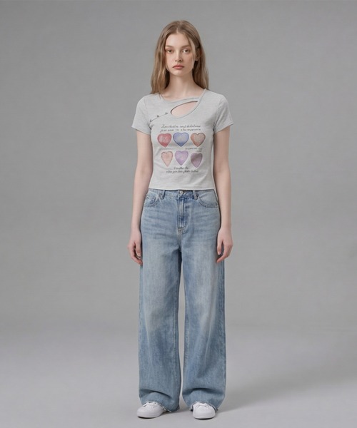 HOOK(フック)の「HOOK for girls 胸元デザイン × ハートスタッズプリント クロップド 半袖 Tシャツ (SS)(Tシャツ/カットソー・レディース・ピンク/グレー/ホワイト・FREE)」の18枚目の写真