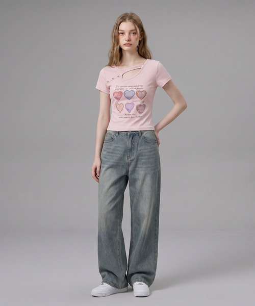 HOOK(フック)の「HOOK for girls 胸元デザイン × ハートスタッズプリント クロップド 半袖 Tシャツ (SS)(Tシャツ/カットソー・レディース・ピンク/グレー/ホワイト・FREE)」の22枚目の写真