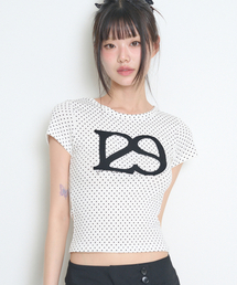 129 ロゴパッチフィッテッドTシャツ ホワイトドット