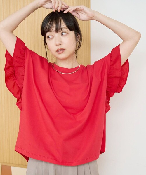 coen(コーエン)の「布帛ドッキング 袖フリルカットソー(Tシャツ/カットソー・レディース・レッド/ブラック/ダークグレー/オフホワイト・M/L)」の4枚目の写真