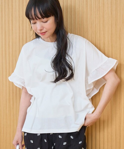 coen(コーエン)の「布帛ドッキング 袖フリルカットソー(Tシャツ/カットソー・レディース・レッド/ブラック/ダークグレー/オフホワイト・M/L)」の2枚目の写真