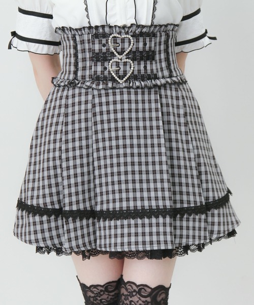 DearMyLove(ディアマイラブ)の「2連ハートベルトプリーツレーススカート(スカート・レディース・ベビーピンク/チェック/ブラック・MEDIUM/3L/LARGE)」の3枚目の写真