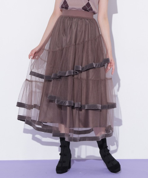 JILL by JILL STUART(ジルバイジルスチュアート)の「裾パイピングチュールスカート(スカート・レディース・ブラウン/ピンク/ホワイト・FREE)」の1枚目の写真